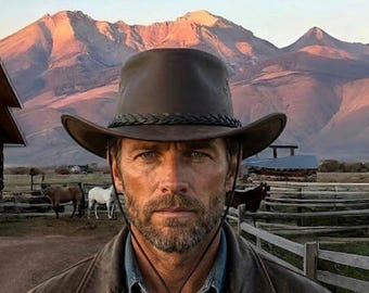 Dark Leather Outback Cowboy Hat, Braided Band, Stampede String Chin Cord, Handmade Western Hat