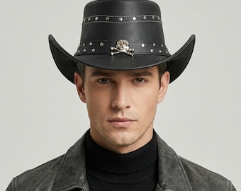 Black Skull Cowboy Hat Gothic Western Studded Biker Festival Handmade Statement Accessory