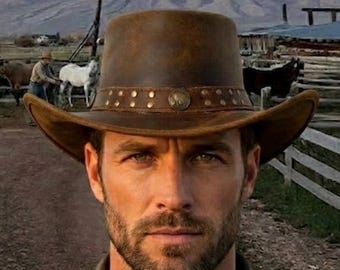 Horse Leather Cowboy Hat, Buffalo Nickel Concho Band, Distressed Western Hat Men
