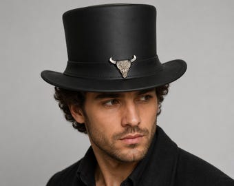 Black Top Hat Bull Skull Gothic Western Steampunk Festival Cowboy Fashion Handmade Accessory