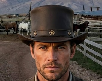 Leather Top Hat, Dark Brown Victorian, Antique Brass Concho Band, Handmade Steampunk Hat
