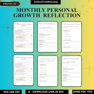 May include: A digital download graphic with the text "MONTHLY PERSONAL GROWTH REFLECTION." The image features six digital worksheets with prompts for self-reflection and goal setting. The background is a gradient of blue and yellow.