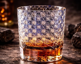 Edo Kiriko - Whiskey Glass Set – Hand Cut Japanese Crystal Tumbler - Asanoha Kikko Shippo Patterns - Luxury Bourbon Glass, Gift for Him