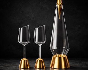 Crystal Wine Glass Set - Solid Brass Base - Luxury Decanter & Glasses - Elegant Barware Gift for Men - Premium Wine Set