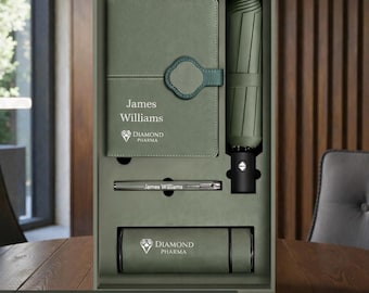 Corporate Gift Set with Logo, Personalised Notebook + Pen + Tumbler + Umbrella, Executive Gift Box
