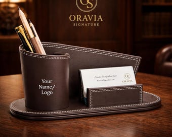 Personalized Leather Desk Organizer – Pen Holder, Business Card Tray (Custom Logo)