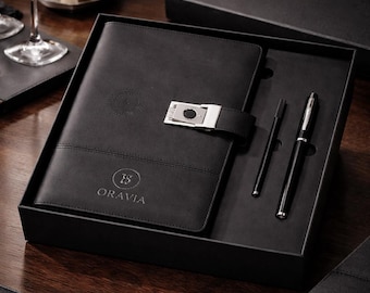 Engraved Smart Leather Notebook Gift Set – Fingerprint Lock, Wireless Charging