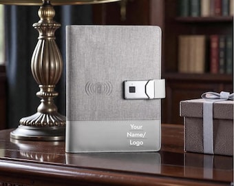Personalized Wireless Charging Notebook – Fingerprint Lock, 32GB USB Power Bank