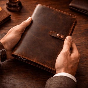 May include: A brown leather journal with a strap closure and two copper rivets. The journal is held open, revealing the interior pages. The leather has a distressed appearance, suggesting a vintage or rustic style.