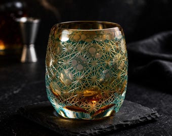 Whiskey Glass Set – Edo Kiriko -  Hand Cut Japanese Crystal Tumbler - Asanoha Kikko Shippo Patterns -  Gift for Him