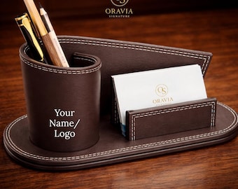 Personalized Leather Desk Organizer – Pen Holder, Business Card Tray