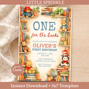 Puede incluir: Una invitación de primer cumpleaños estilo acuarela, con un diseño de estantería y personajes de animales de peluche. El texto dice "ONE for the books" e incluye detalles del evento. La plantilla es de 12,7 x 17,8 cm.