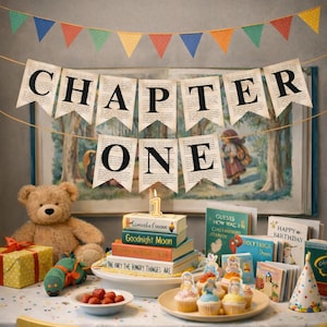 Puede incluir: Una escena festiva de cumpleaños con una pancarta que dice "CHAPTER ONE". Un oso de peluche, pastel, cupcakes y libros están dispuestos sobre una mesa. El pastel está coronado con una vela con el número uno. Banderines de colores cuelgan arriba.