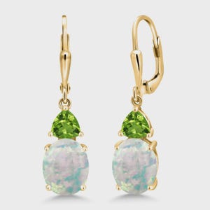 18K Yellow Gold Plated Silver White Simulated Opal and Peridot Dangle Earrings