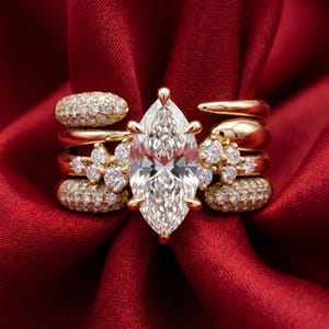 Marquise Moissanite Bridal Ring Set, 14K Gold Plated Sterling Silver,Engagement Ring,Stackable