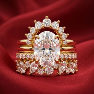 Oval Moissanite Bridal Ring Set, 14K Gold Plated Sterling Silver, Triple Crown Engagement Stackable Ring