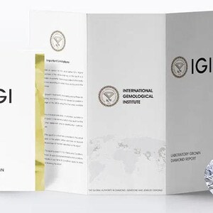 May include: A sparkling brilliant-cut diamond next to a white IGI Laboratory Grown Diamond Report. The report is a tri-fold design and features the International Gemological Institute logo. The diamond has many facets.