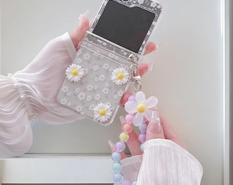 3D Daisy Samsung Z Flip Case, Floral Wrist Strap, Hinge Protection