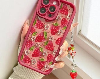 Custodia per iPhone a forma di fiore di fragola con catena pendente, cover in silicone dipinto