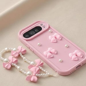 Pink 3D Bow Phone Case with Pearl Strap for Google Pixel, Coquette Style