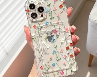 Floral iPhone Case with Card Slot, Transparent Cover