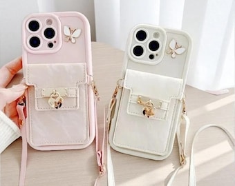 Custodia a portafoglio per iPhone con tracolla, porta carte e chiusura a lucchetto Love.
