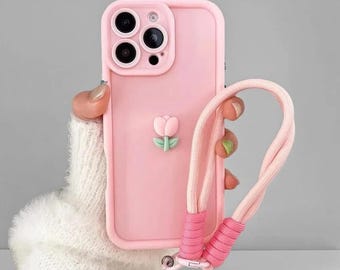 Custodia per iPhone con motivo 3D a tulipano, morbida cover in silicone con cordino