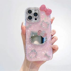 Hello Kitty Glitter Phone Case with Makeup Mirror for iPhone 17 16 15 14 13 12 Pro Max, 3D Cute Cartoon Hard Cover A