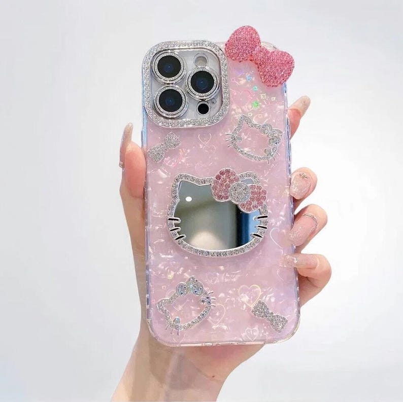 Hello Kitty Glitter Phone Case with Makeup Mirror for iPhone 17 16 15 14 13 12 Pro Max, 3D Cute Cartoon Hard Cover A