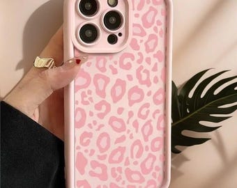 Custodia per iPhone con stampa leopardata rosa, cover in silicone antiurto con motivo animalier