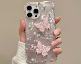 Cover per telefono Realme con farfalle e tulipani 3D, design floreale rosa.