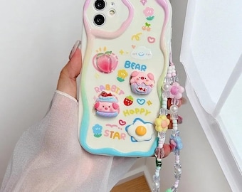 Cover per iPhone Kawaii 3D a forma di maialino con braccialetto e cordino, in morbido silicone trasparente.