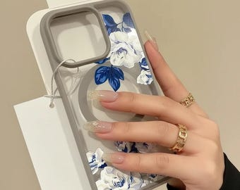 Custodia magnetica trasparente per iPhone con rosa bianca, cover floreale antiurto per telefono