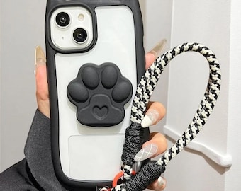 Custodia per iPhone con orecchie di gatto, supporto a zampa e cinturino da polso, protezione in TPU trasparente