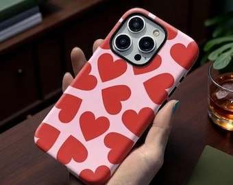 Custodia per iPhone con cuori rossi, custodia in plastica a doppio strato