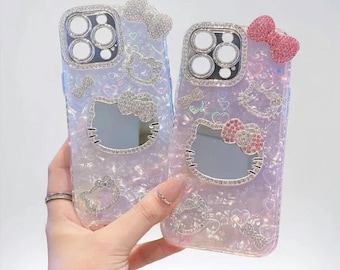 Custodia per telefono Hello Kitty Glitter con specchio per il trucco per iPhone 17 16 15 14 13 12 Pro Max, copertina rigida con simpatico cartone animato 3D