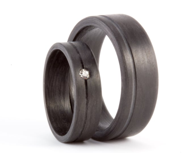 Matte Carbon Fiber Wedding Ring Set with Swarovski Crystal. (00109_4N_7N)