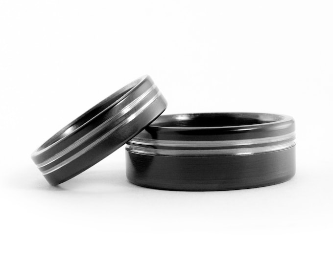 Black Zirconium Wedding Ring Set, Polished Matching Bands. (01200_5N8N)