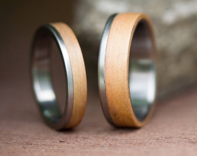 Titanium Oak Wood Wedding Ring Set - Matte Matching Bands. (00519_4N6N)