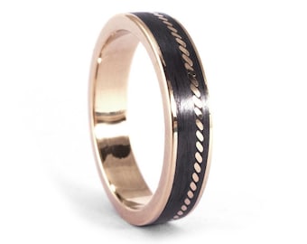 Rose gold 18CT and carbon fiber ring. Flat rose gold and matte carbon fiber wedding band. Golden black engagement ring (04711_5N)