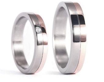Rose gold 18K and titanium wedding ring set. Flat polished matching wedding bands with Swarovski crystal. Engagement rings (00555_6S1_6N)