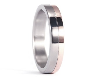 Rose gold 18K and titanium ring. Flat polished wedding band. Titanium and golden engagement ring. (00555_6N)