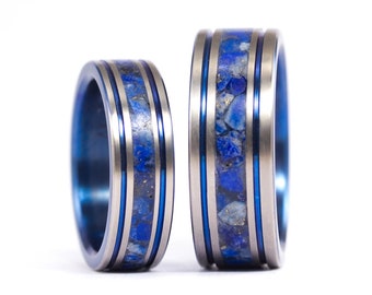 Titanium wedding bands with lapislazuli semi precious stone. Flat titanium wedding rings with blue anodized (03201_6N8N)