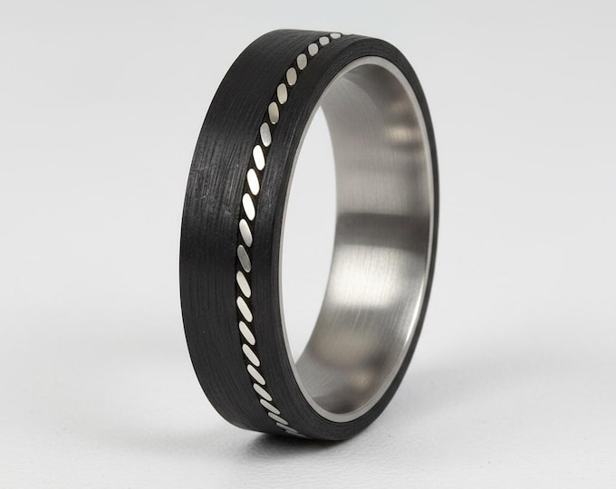 Carbon Fiber Titanium Ring with Silver Inlay, Lightweight Band