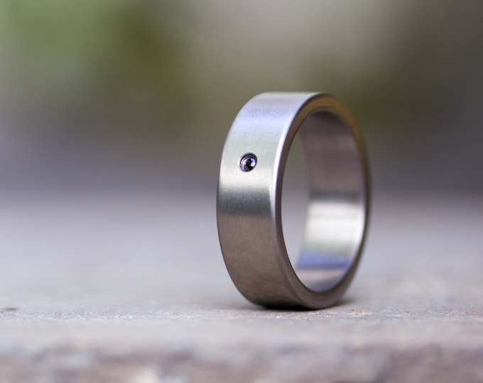 Matte Titanium Ring with Black Diamond, Flat Wedding Band. (00002_7D)