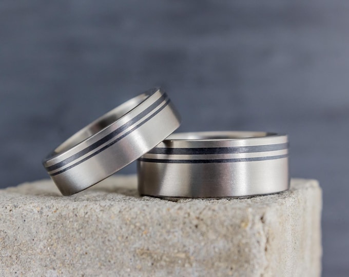 Handmade Titanium Wedding Band Set, Matte Black Carbon Fiber Rings. (00336_6N8N)