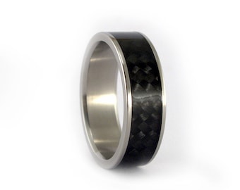 Titanium and carbon fiber ring for him . Black mens engagement band. Polished titanium and glossy carbon fiber wedding band  (00337_7N)