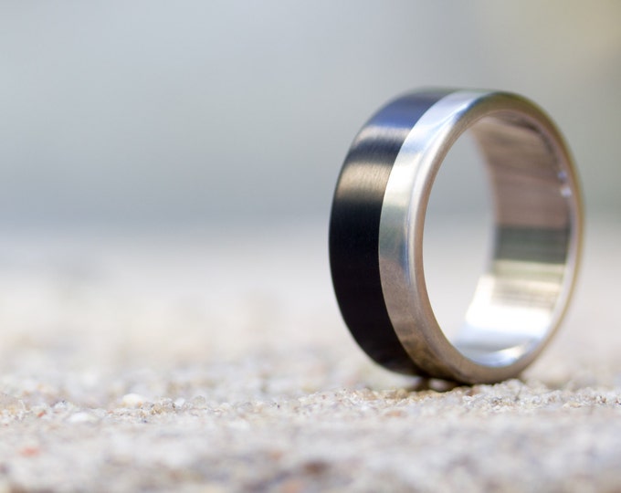 Men's titanium. Unique black wedding band. Water resistant, very durable and hypoallergenic. (02504_8N)