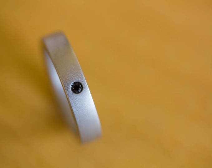 Matte Titanium Women's Ring, Flat Band with Black Swarovski Crystal. (00002_4S)