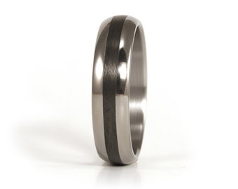 Polished titanium and carbon fiber ring for her. Black rounded womens wedding band. Polished titanium engagement ring (00345_4N)